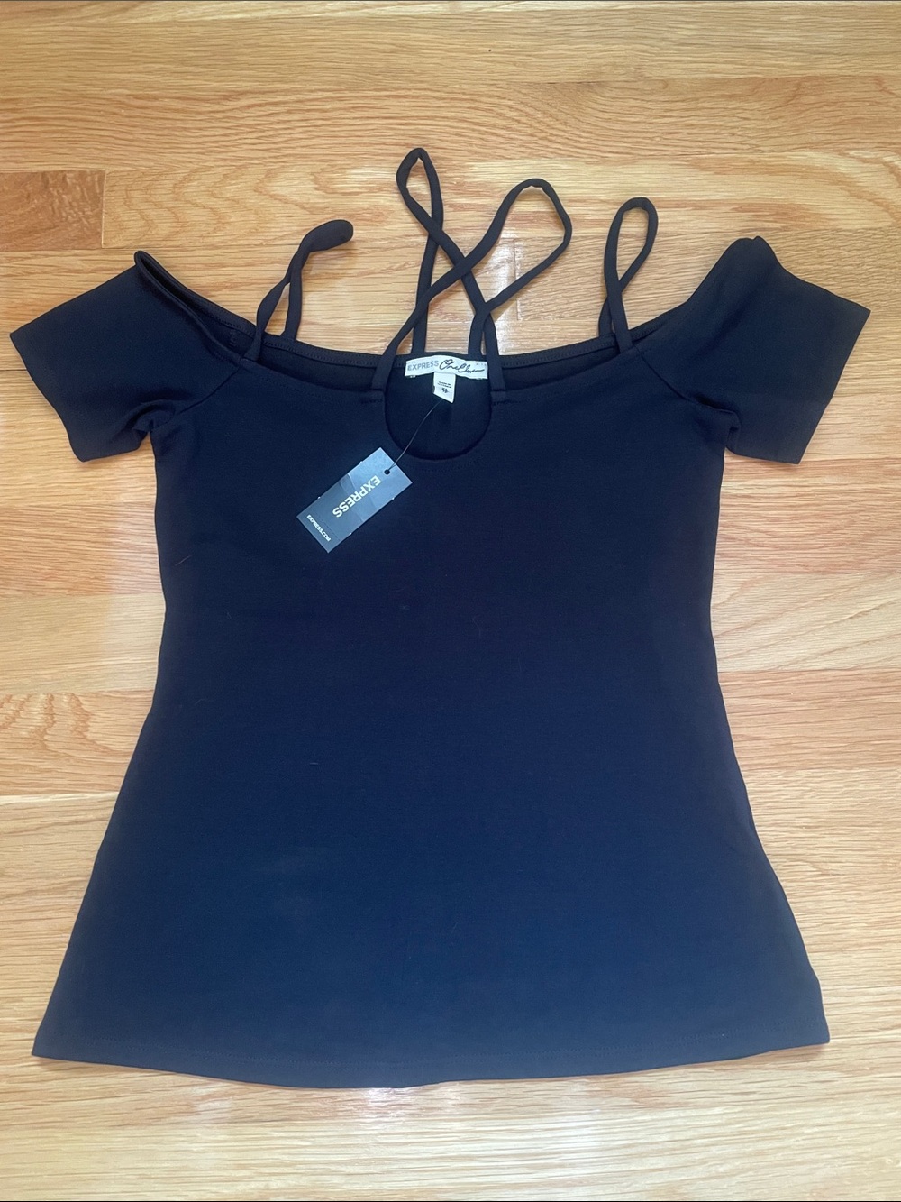 NWT New with Tags Express Women’s Short Sleeve Strappy Black Shirt